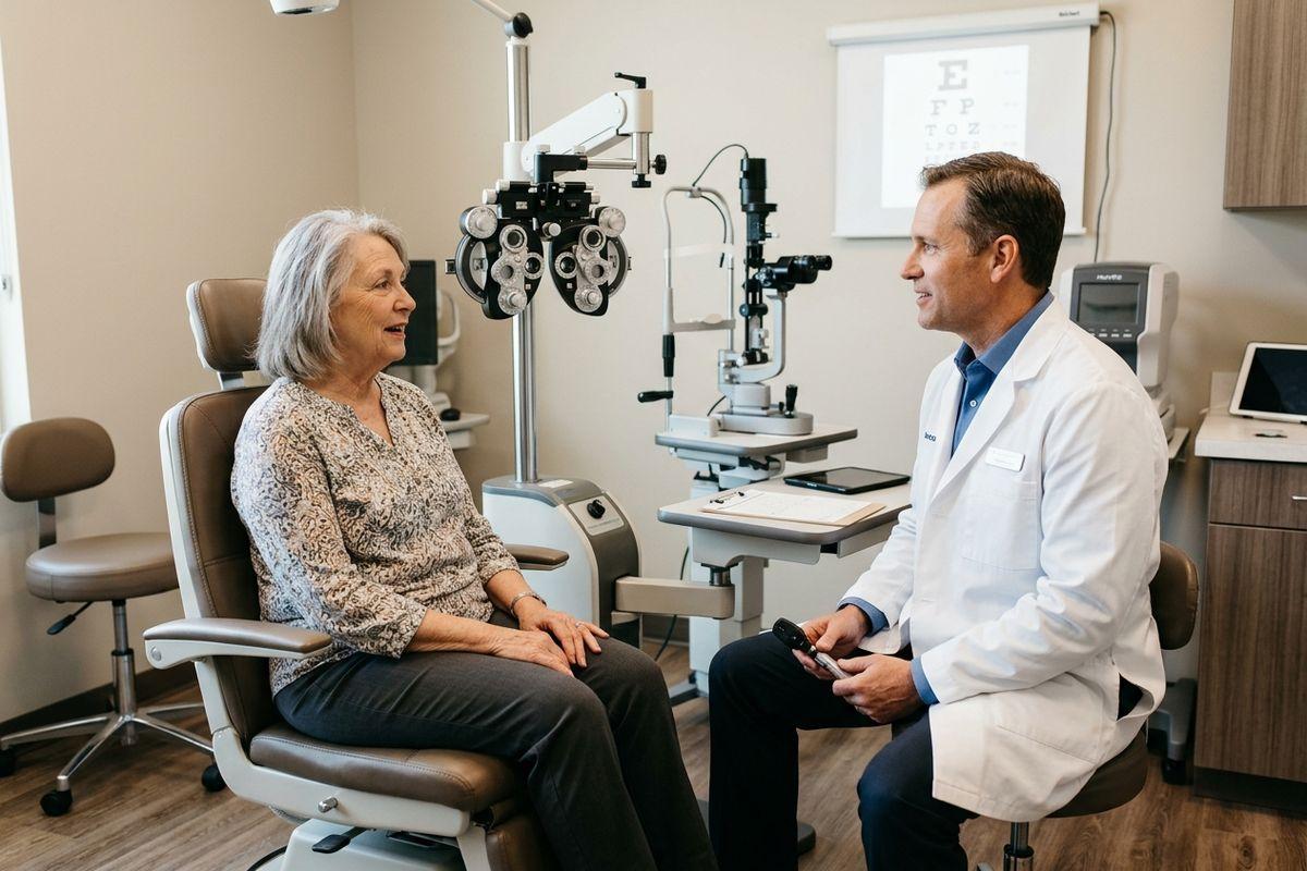 Older adult seated in an exam chair talking with a smiling optometrist in an eye exam room with a phoropter and eye chart visible.