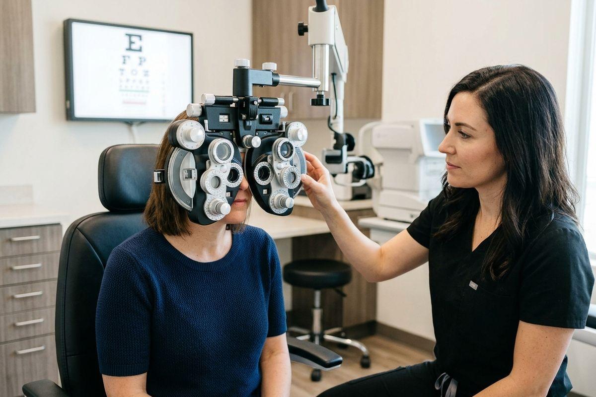 Optometrist adjusting a phoropter over a seated patient's eyes during an eye exam, with an eye chart visible in the background.