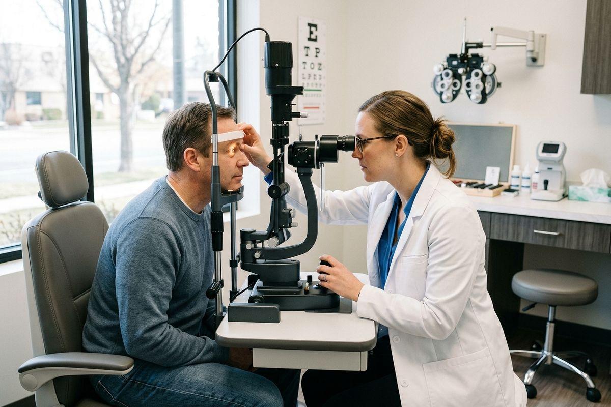 An optometrist in Boise examines a patient's eyes using a slit lamp in an exam room, with an eye chart and phoropter visible.