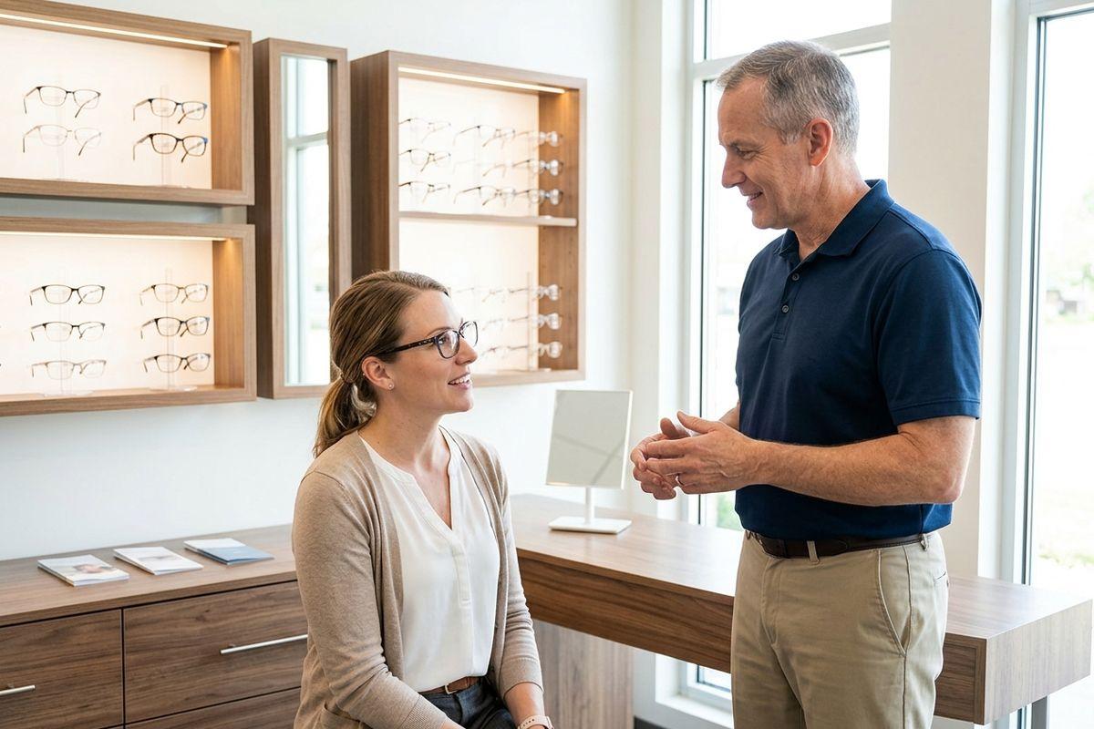 Optician talking with a smiling customer in an eyewear shop with glasses displayed on shelves.