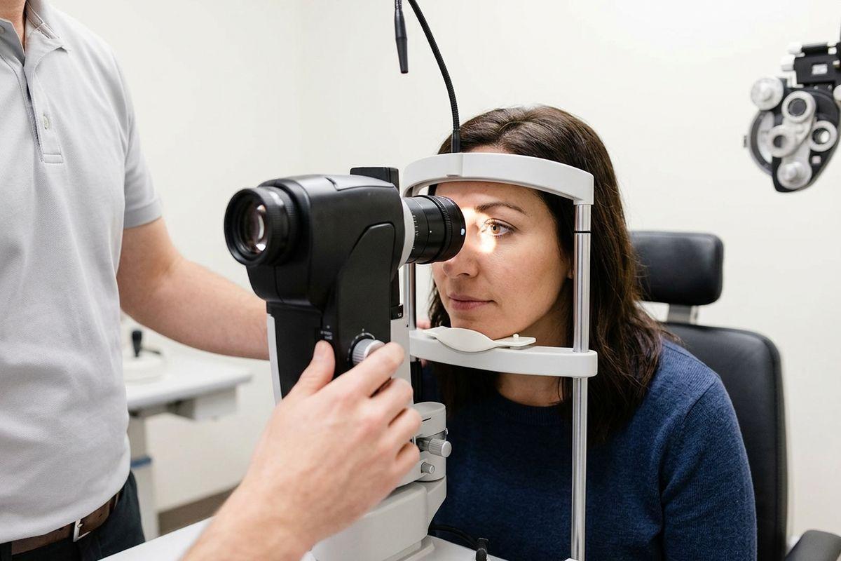 Optometrist examines a patient's eye using a slit lamp in an exam room.