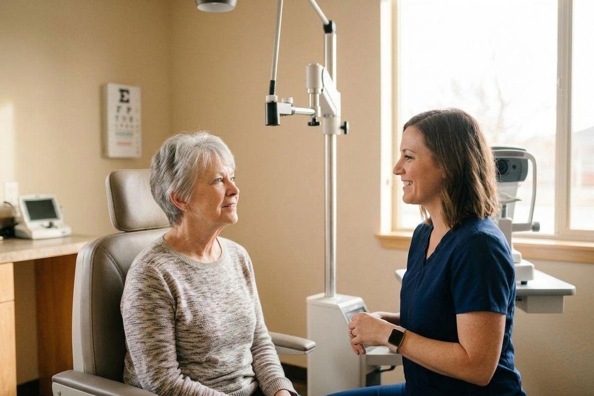 Optometrist smiling while talking with an older patient seated in an exam chair, eye chart on wall.