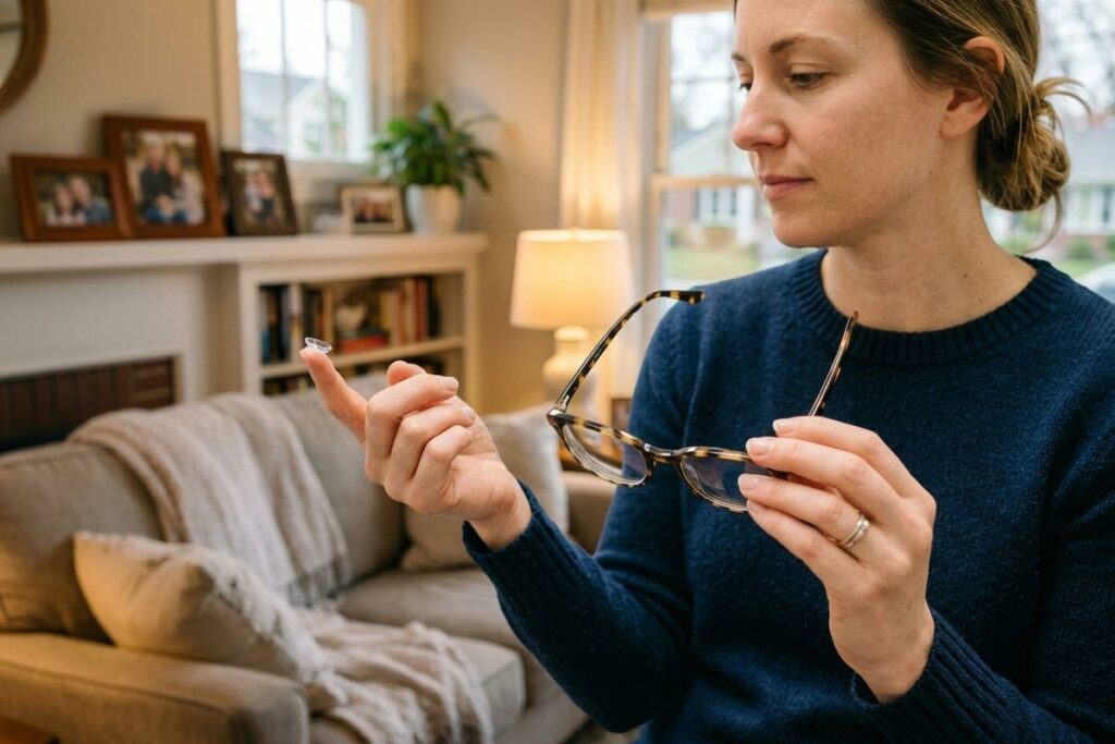 Person holding a contact lens on a fingertip and eyeglasses in the other hand, in a living room.