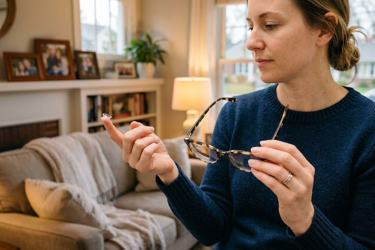 Person holding a contact lens on a fingertip and eyeglasses in the other hand, in a living room.