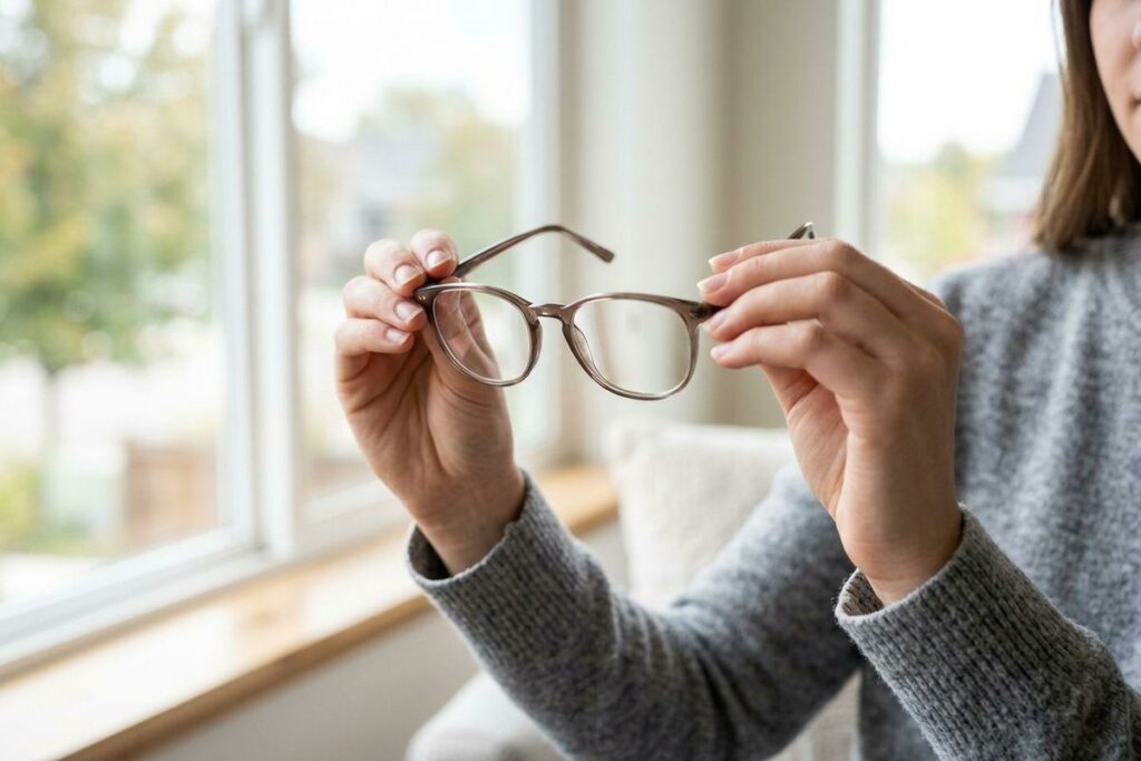 Person in a gray sweater holding up a pair of eyeglasses with both hands near a bright window.