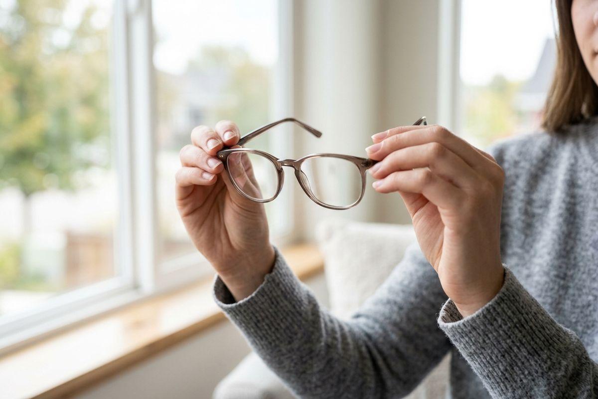 Person in a gray sweater holding up a pair of eyeglasses with both hands near a bright window.
