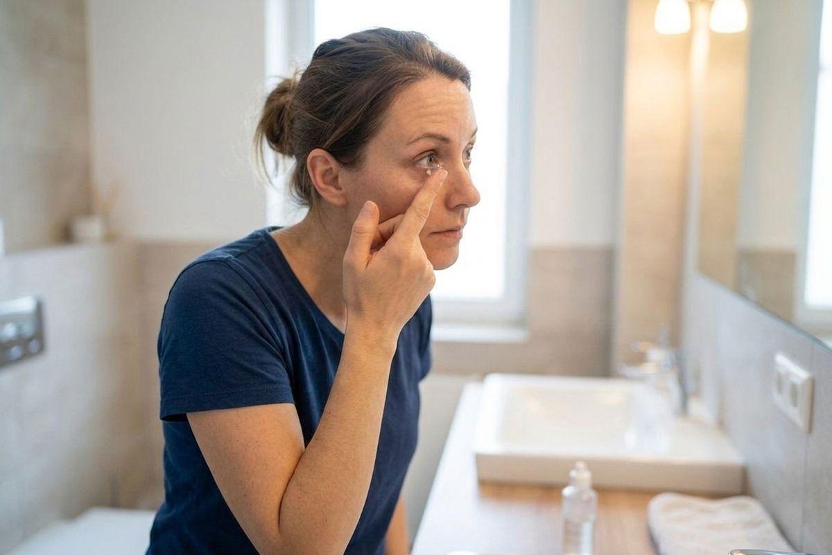 Person inserting a contact lens into their eye while looking in a bathroom mirror.