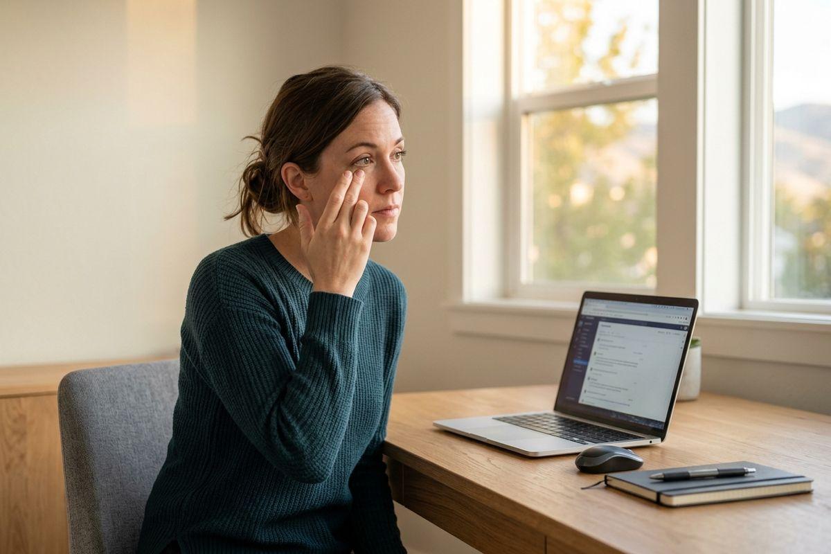 Person touching face, gazing out window while seated at desk with laptop, mouse, and notebook near a sunlit window.