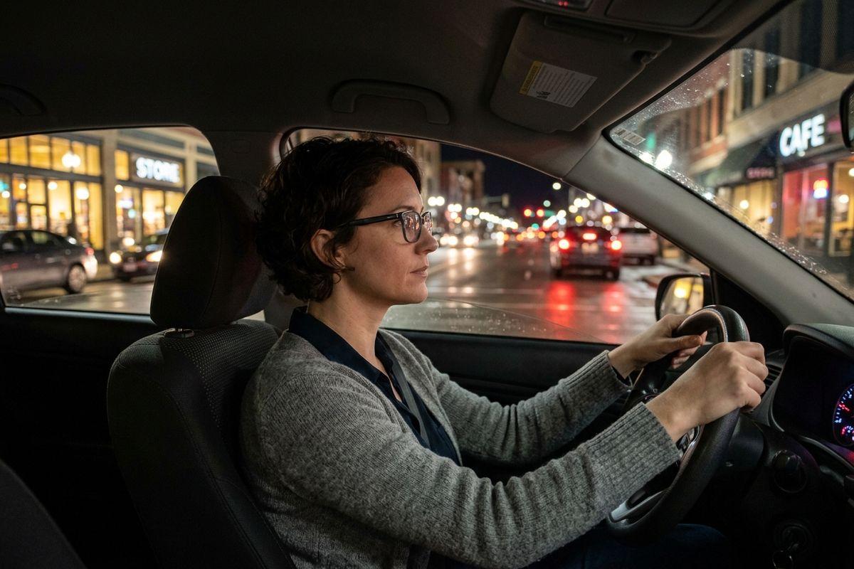 Person with glasses driving a car at night on a city street lined with lit storefronts.