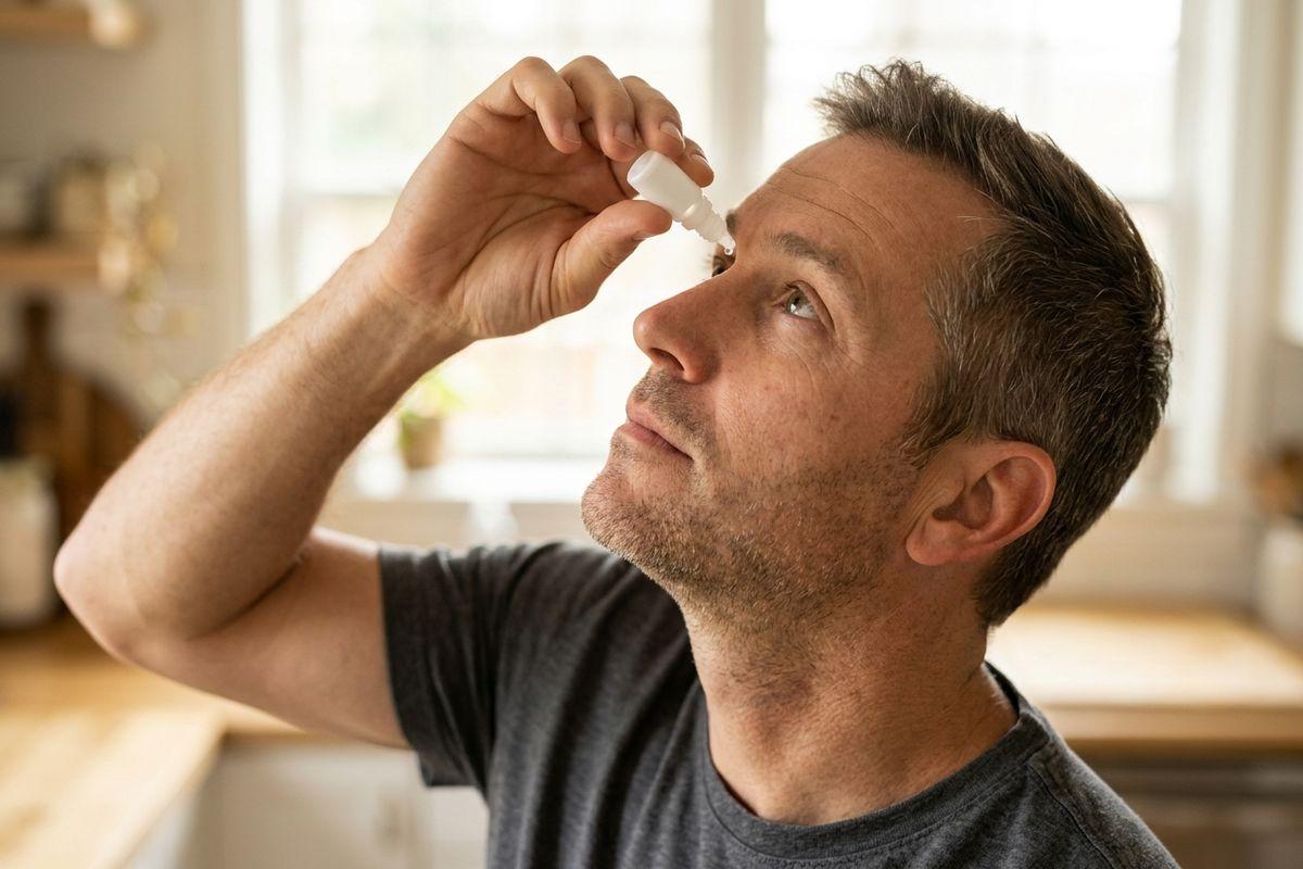 Adult in a gray T-shirt tilting their head back to apply eye drops from a small white bottle, in a bright kitchen with a window behind.