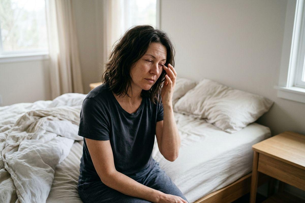 Adult with a tired expression sits on the edge of an unmade bed in a bright bedroom, rubbing one eye with their fingers.