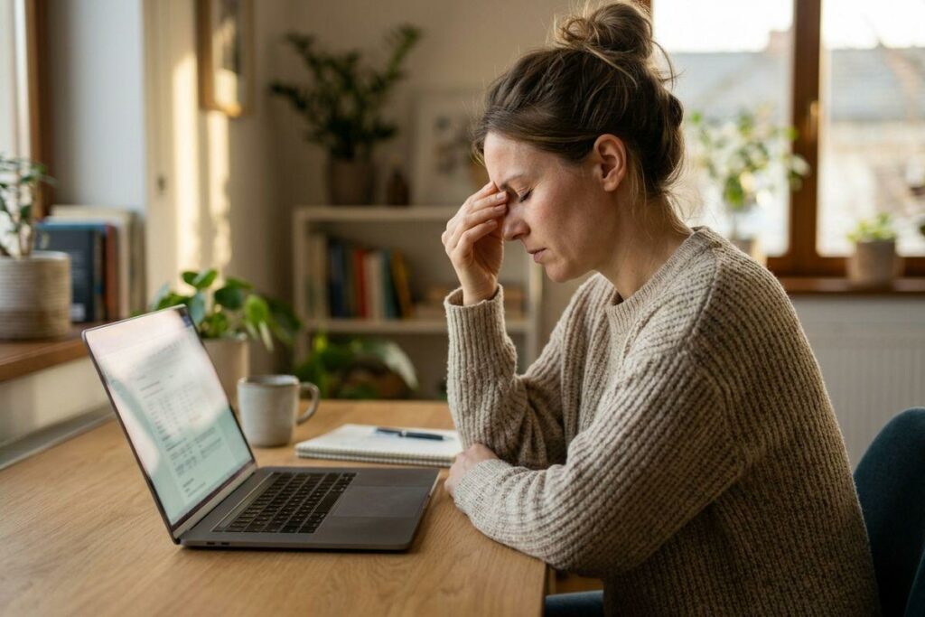 Adult with eyes closed presses fingers to forehead while sitting at a wooden desk with a laptop, mug, and notebook in a sunlit home room.