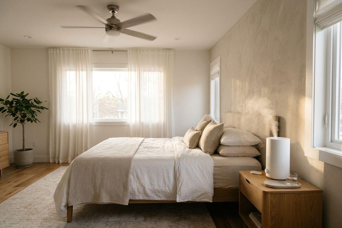 Humidifier releasing mist on a wooden nightstand beside a neatly made bed in a sunlit bedroom with sheer curtains, ceiling fan, and potted plant.